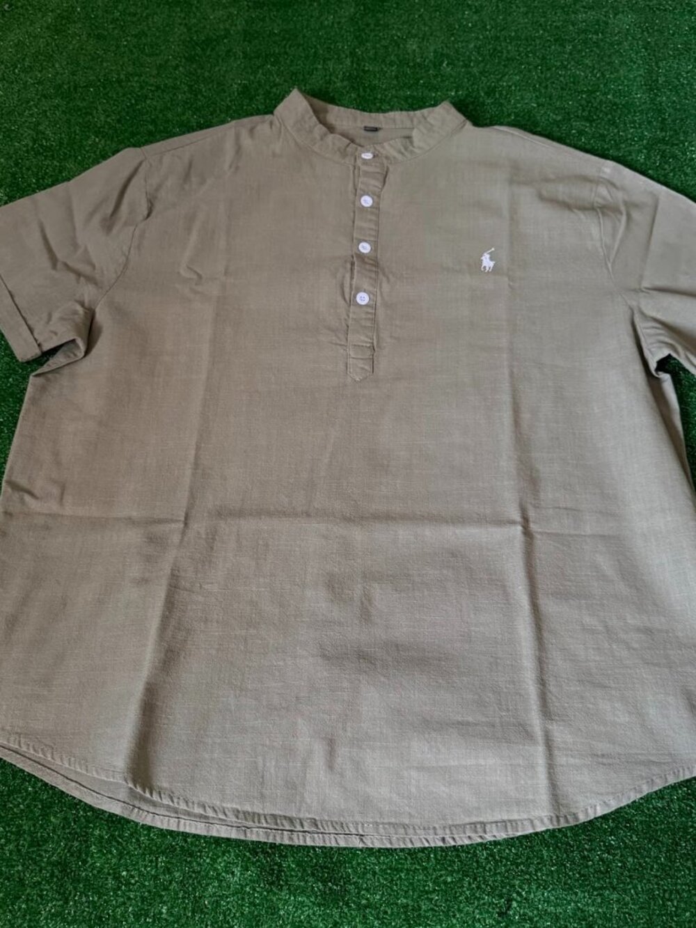 Men's 2XL Olive Green Band Collar Linen Blend Shirt Short Sleeve Unbranded